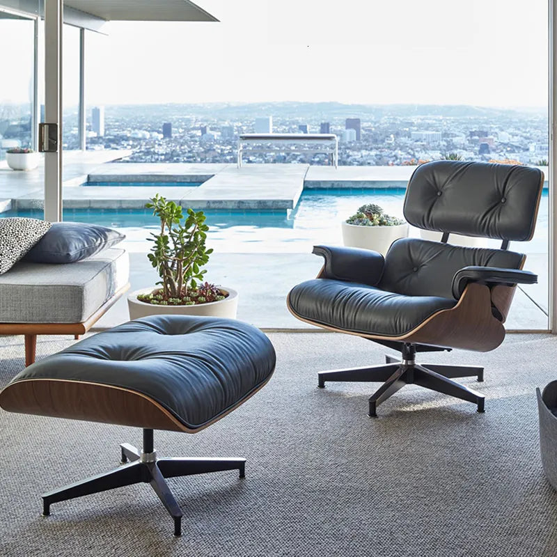 Retro Eames-Style Lounge Chair – Genuine Leather – Bella Rose