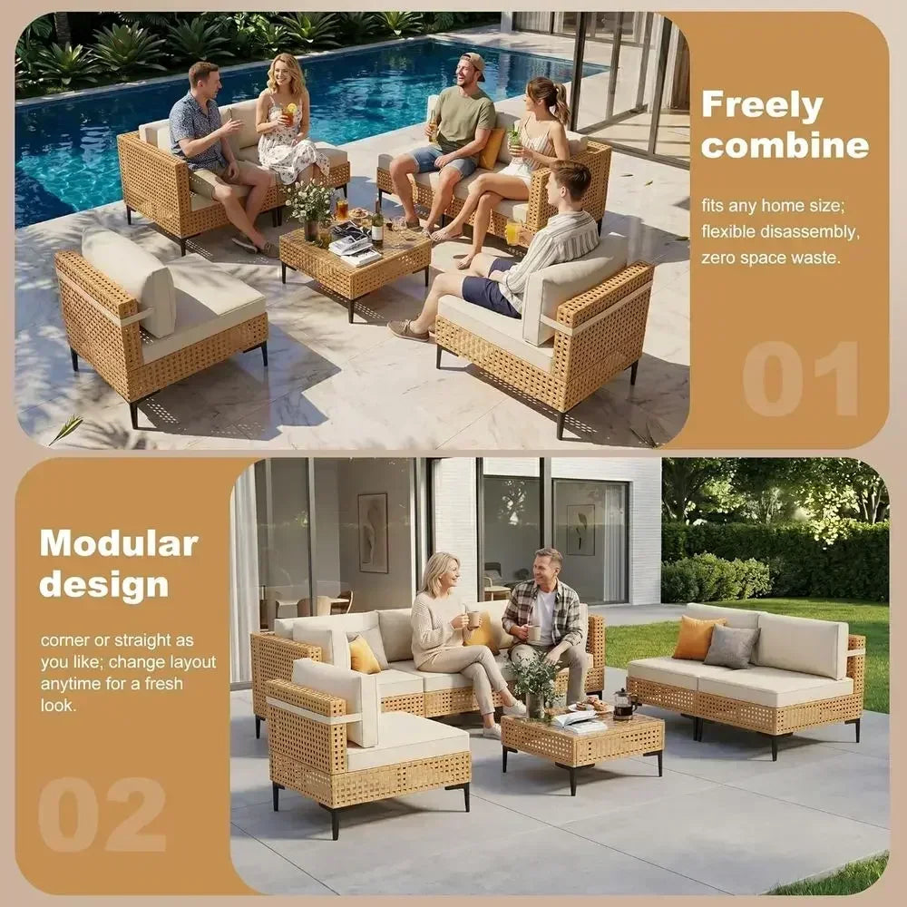 Large 7-Piece Outdoor Wicker Patio Furniture Set with Cushions, Sectional Sofa for Backyard, Porch, Beige