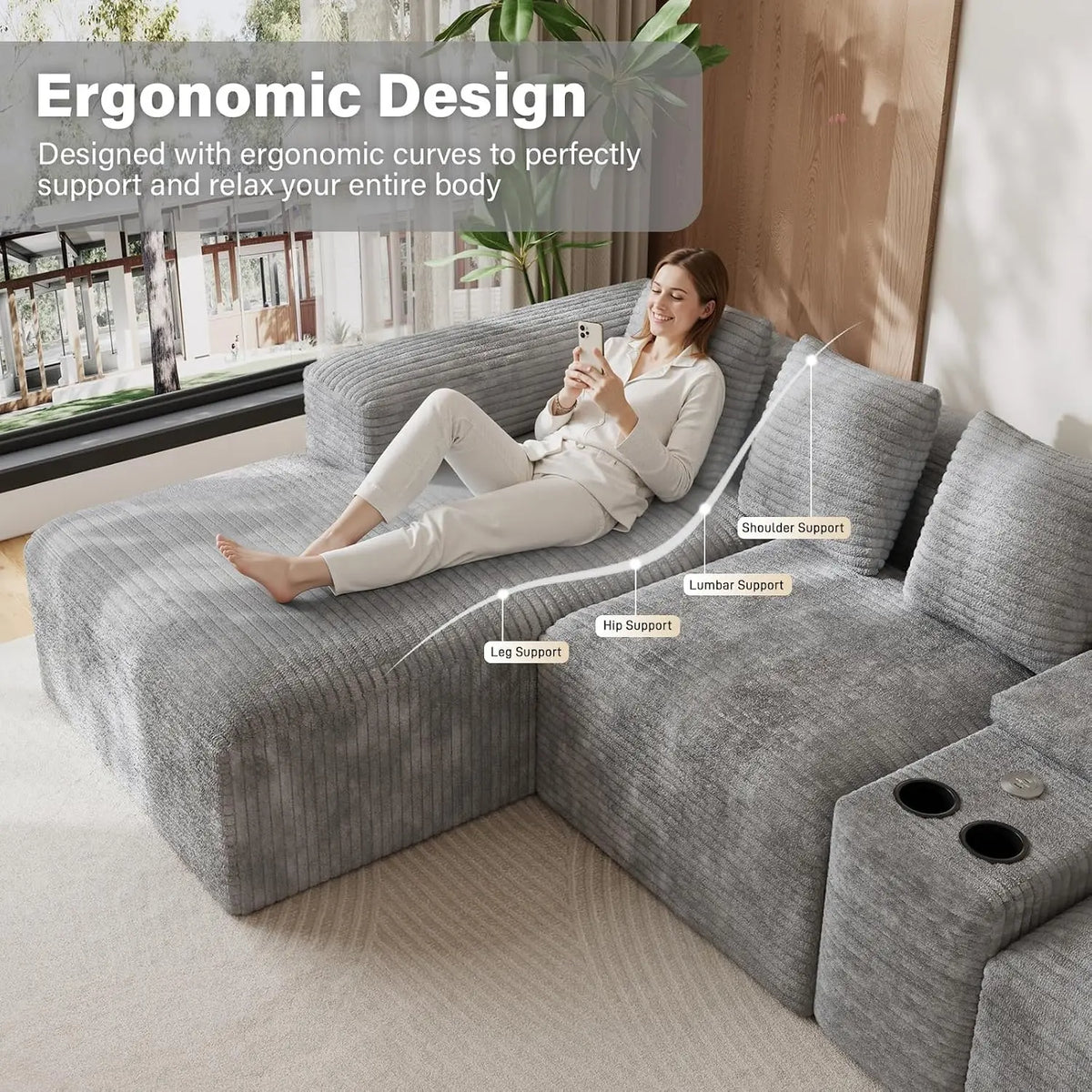 143" Oversized Cloud Sectional Couch for Living Room, Grey, Customized