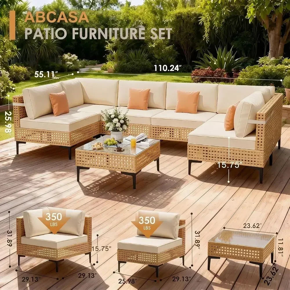 Large 7-Piece Outdoor Wicker Patio Furniture Set with Cushions, Sectional Sofa for Backyard, Porch, Beige