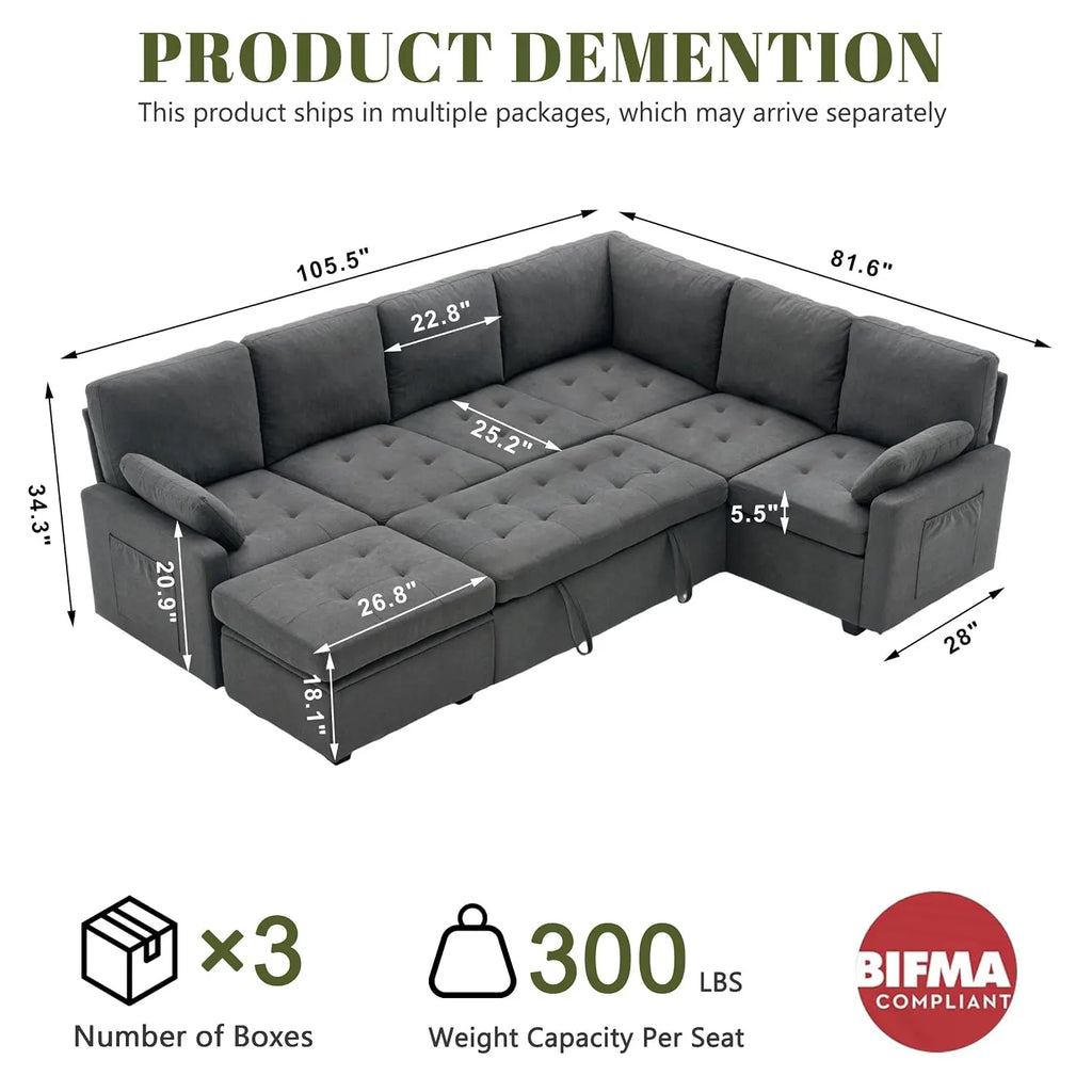 105" U-Shape Sleeper Sofa with Storage, Large 7-Seat Modular Sectional with Removable Covers, Pull-Out Couch Bed, Customized