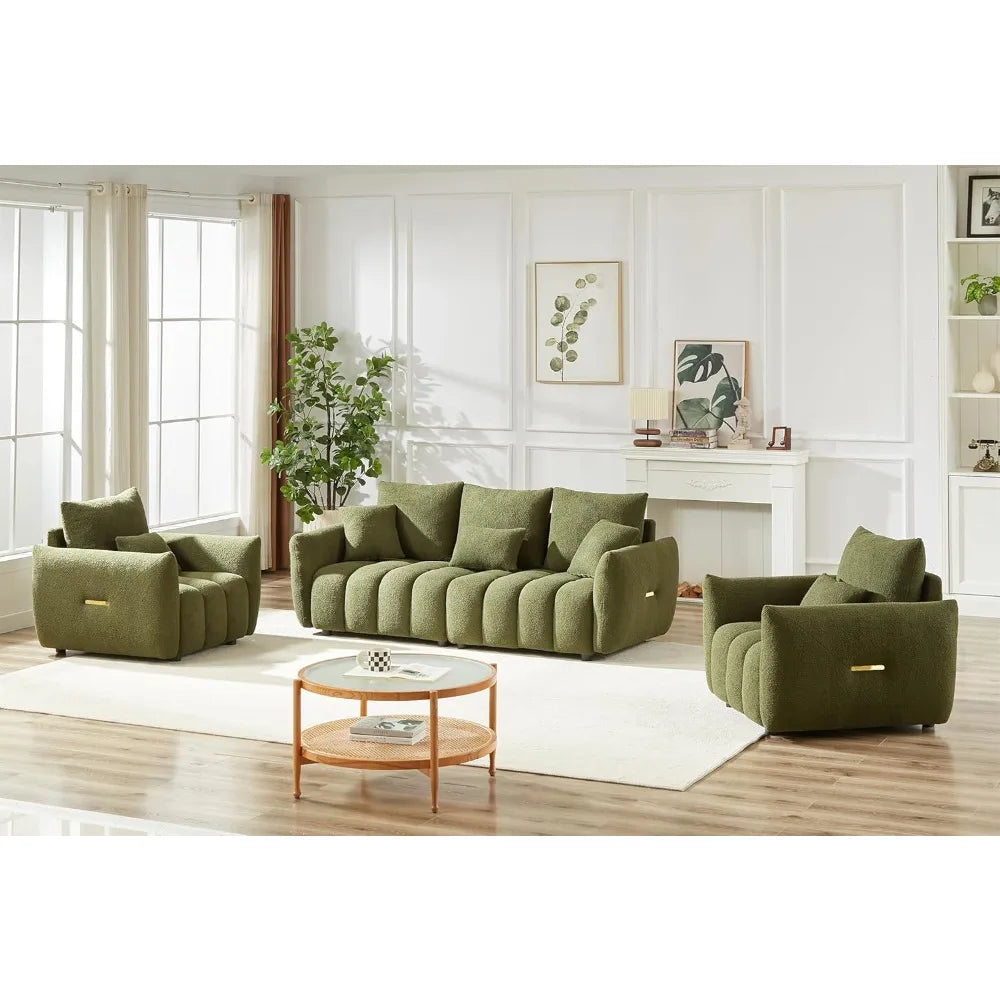 Modern Green Cloud Boucle Couch Set, 3-Piece Teddy Sofa with 2 Deep Seat Chairs and Oversized 3-Seater for Living Room,