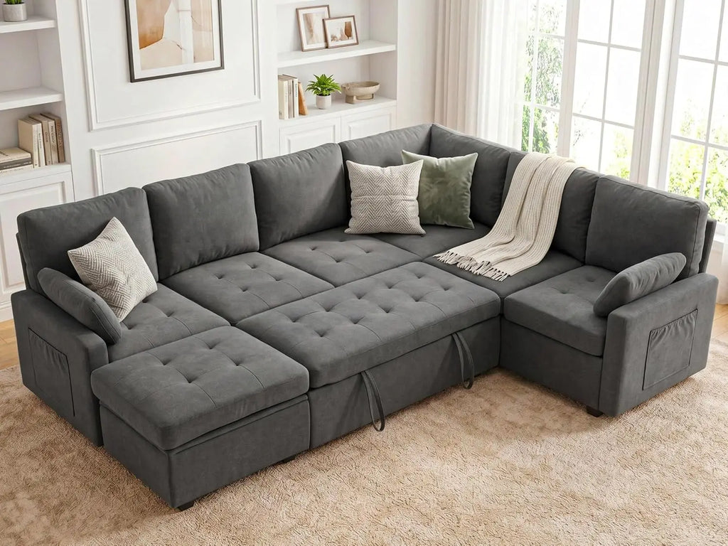 105" U-Shape Sleeper Sofa with Storage, Large 7-Seat Modular Sectional with Removable Covers, Pull-Out Couch Bed, Customized