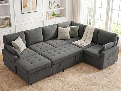 105" U-Shape Sleeper Sofa with Storage, Large 7-Seat Modular Sectional with Removable Covers, Pull-Out Couch Bed, Customized
