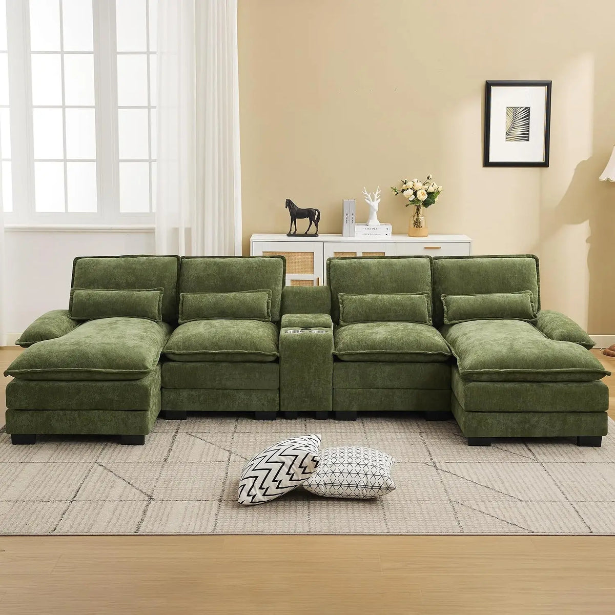 125" U Shaped Small Sectional Sofa with Chaise, USB & Cup Holders | Chenille Upholstered Modular Cloud Sofa with, Customized