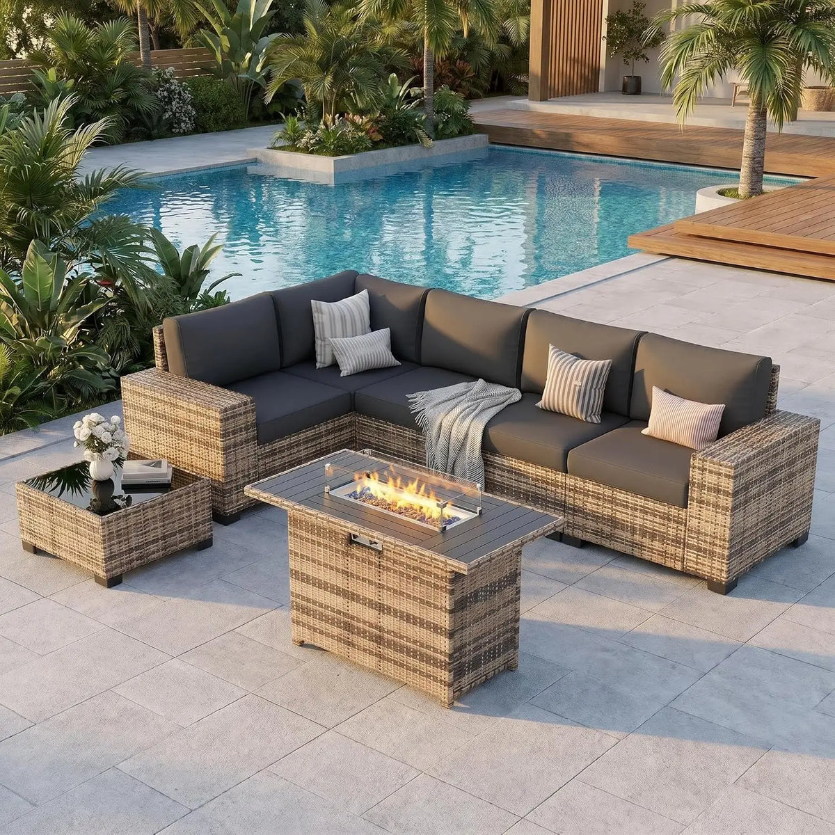 Patio Furniture Set with Fire Pit Table, L-Shaped 8" Armrest Sectional Set, All-Weather PE Rattan Conversation, Customized