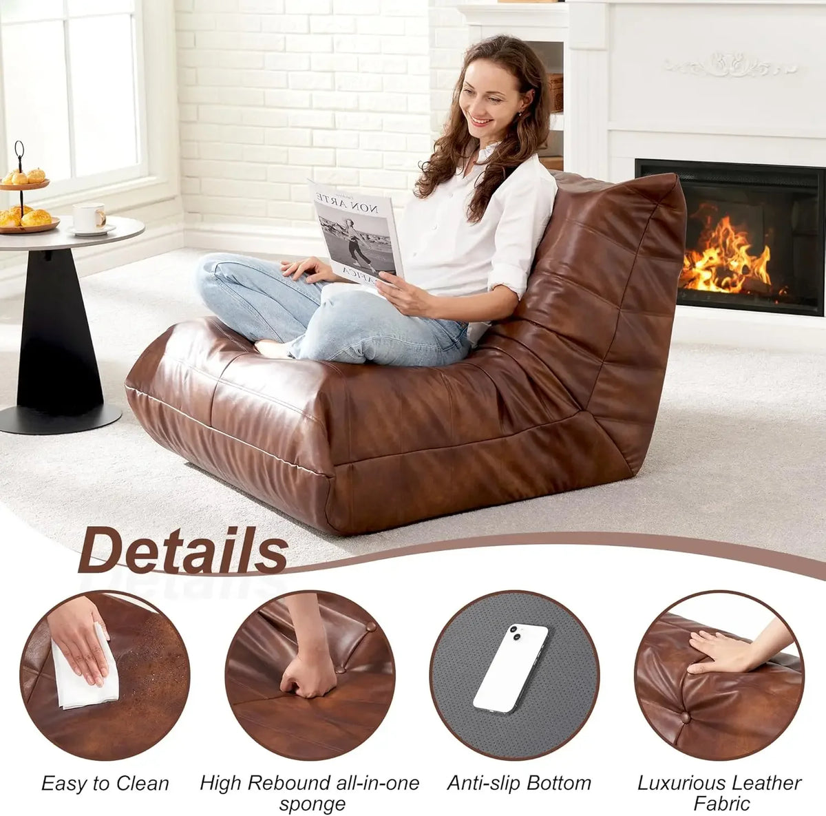 Giant Bean Bag Chair Lazy Floor Sofa Memory Foam Fireside Sofa for Adults Big Beanbag Faux Leather Armless Chair for Living