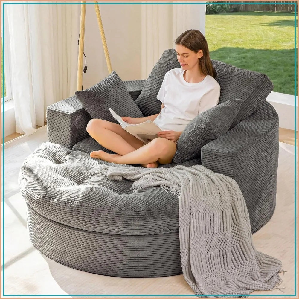 Oversized Round Chaise Lounge Sofa with Ottoman, Boneless Floor Couch for Adults