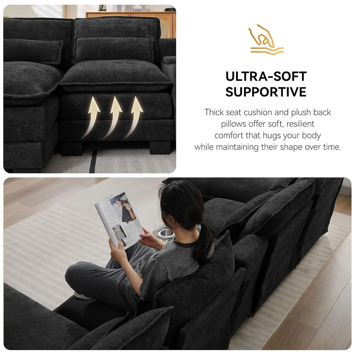125" U Shaped Small Sectional Sofa with Chaise, USB & Cup Holders | Chenille Upholstered Modular Cloud Sofa with, Customized