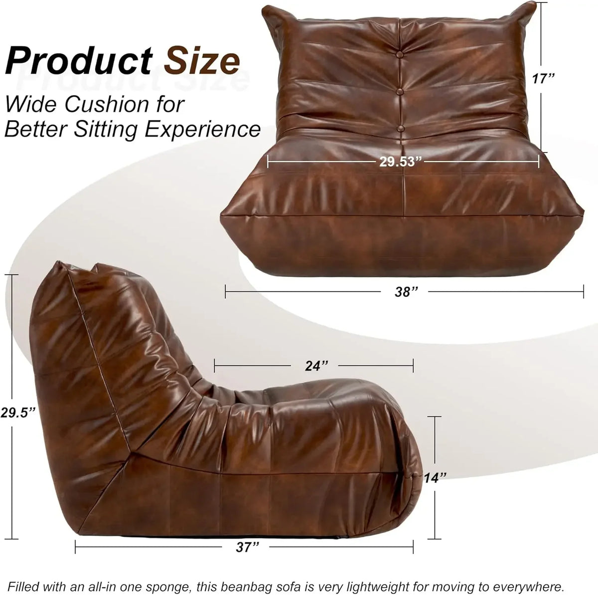 Giant Bean Bag Chair Lazy Floor Sofa Memory Foam Fireside Sofa for Adults Big Beanbag Faux Leather Armless Chair for Living