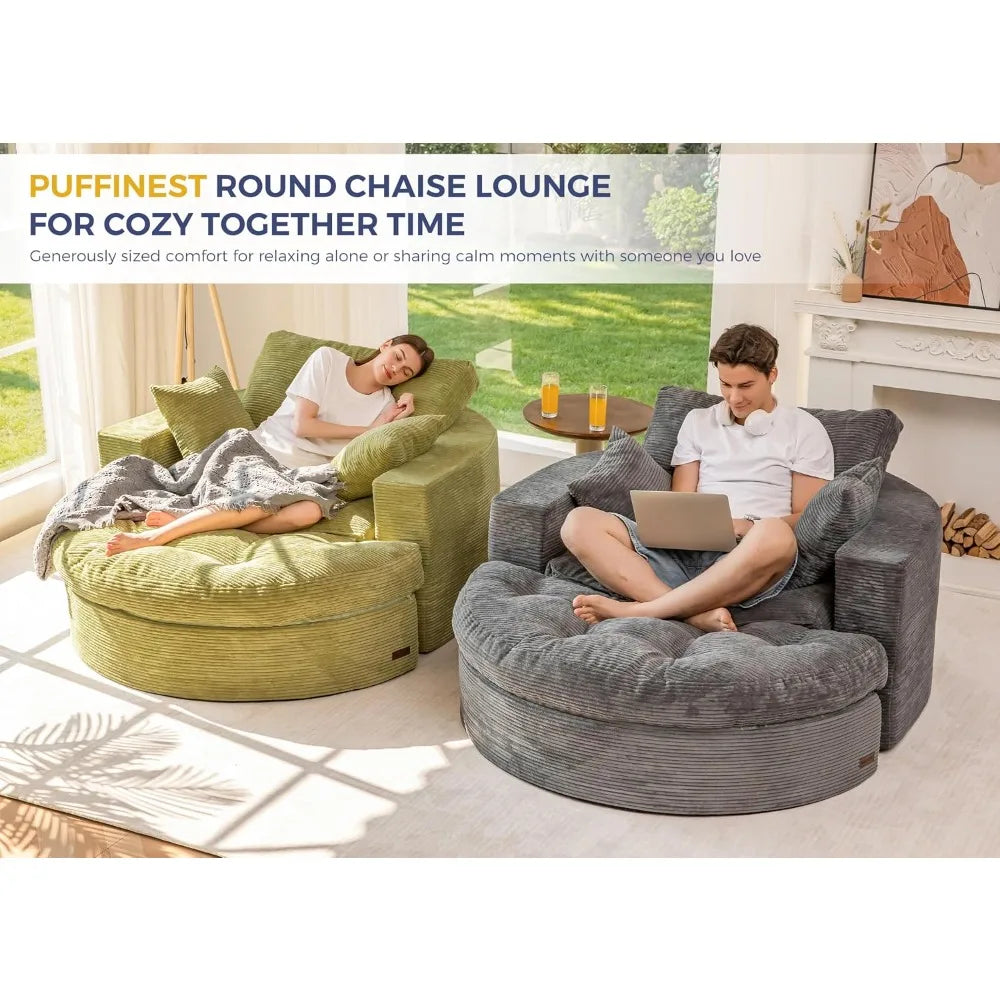 Oversized Round Chaise Lounge Sofa with Ottoman, Boneless Floor Couch for Adults