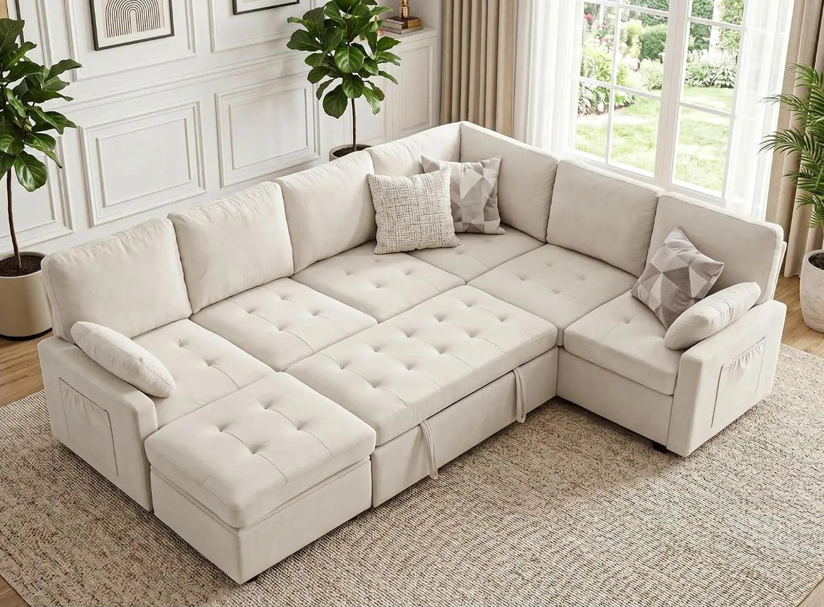 105" U-Shape Sleeper Sofa with Storage, Large 7-Seat Modular Sectional with Removable Covers, Pull-Out Couch Bed, Customized
