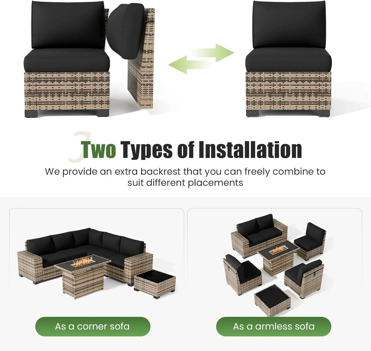 Patio Furniture Set with Fire Pit Table, L-Shaped 8" Armrest Sectional Set, All-Weather PE Rattan Conversation, Customized