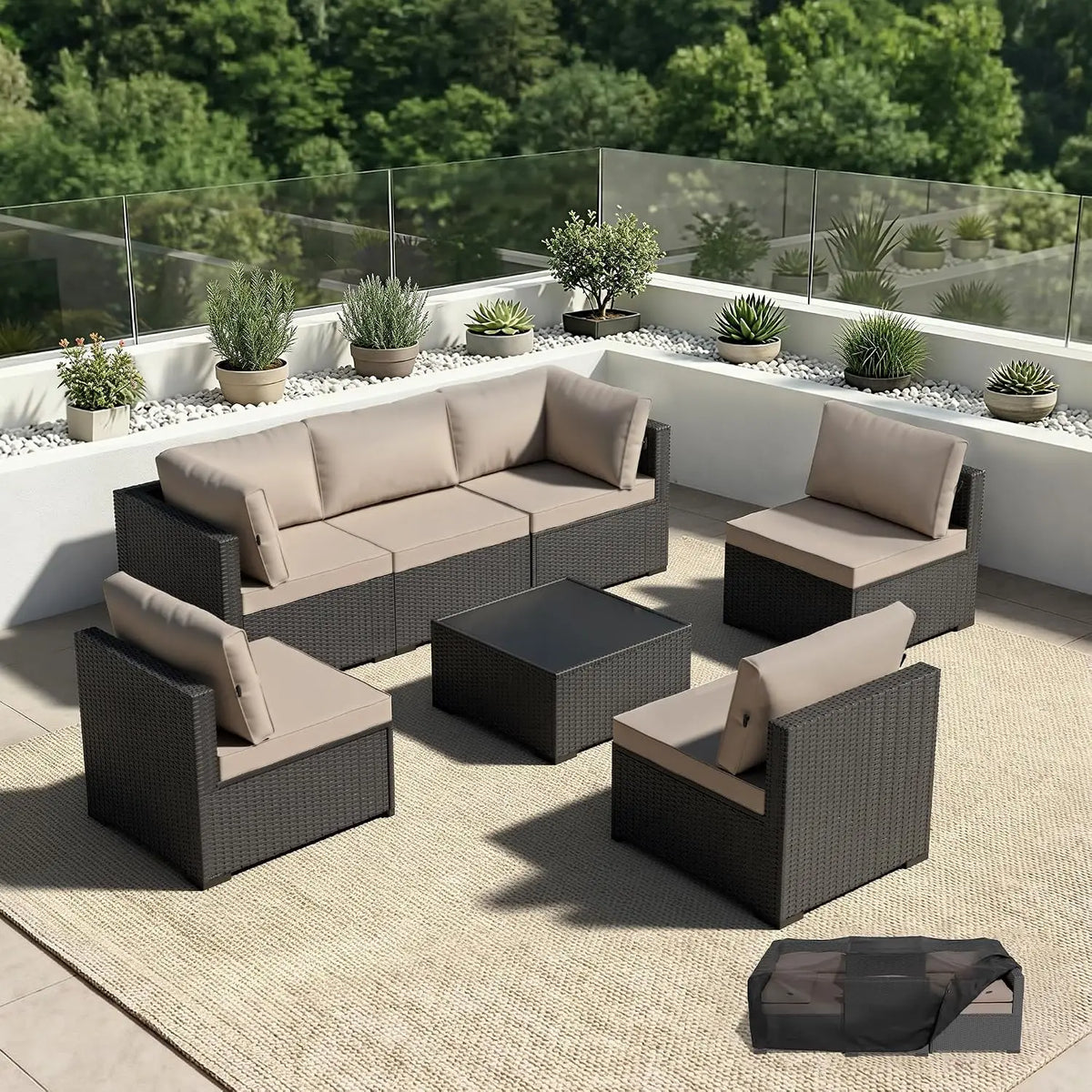 Patio Furniture Set - All-Weather - 7 Piece Patio Outdoor Conversation Set, Modular Wicker Rattan Sectional Sofa for, Custom