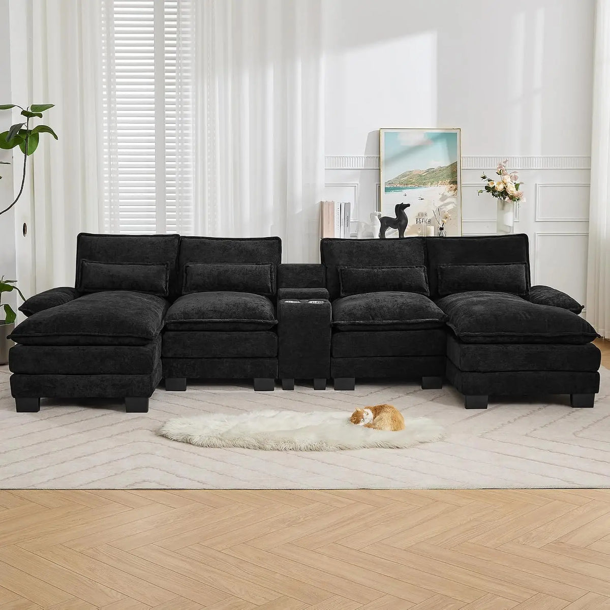 125" U Shaped Small Sectional Sofa with Chaise, USB & Cup Holders | Chenille Upholstered Modular Cloud Sofa with, Customized