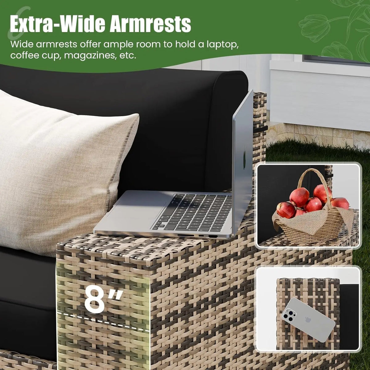 Patio Furniture Set with Fire Pit Table, L-Shaped 8" Armrest Sectional Set, All-Weather PE Rattan Conversation, Customized