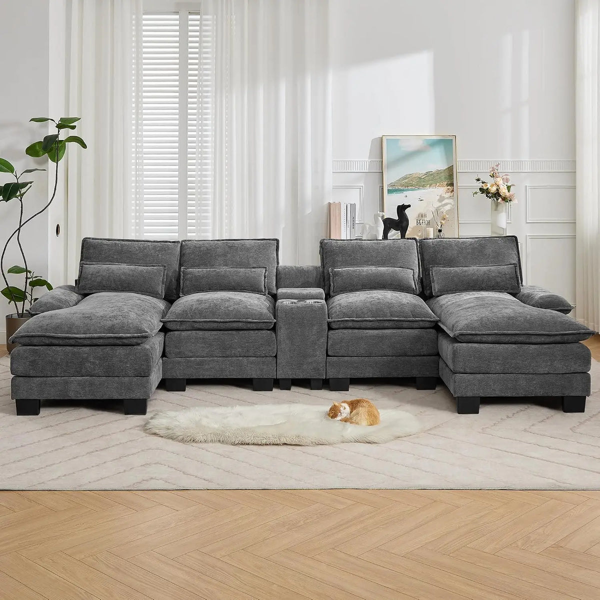 125" U Shaped Small Sectional Sofa with Chaise, USB & Cup Holders | Chenille Upholstered Modular Cloud Sofa with, Customized