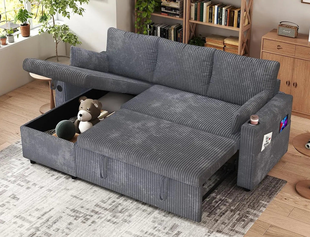 3 in 1 Pull Out Couch, Corduroy L Shaped