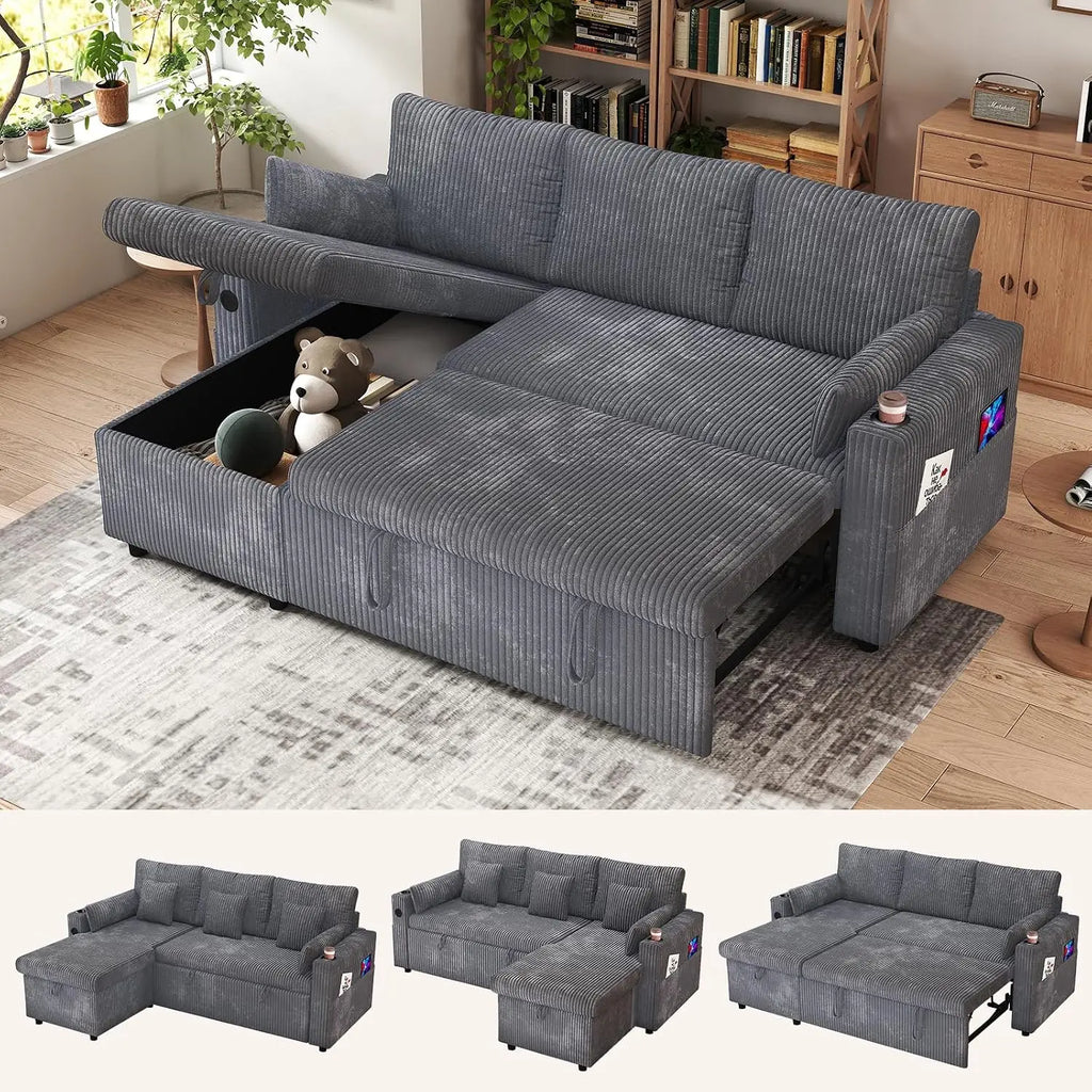 3 in 1 Pull Out Couch, Corduroy L Shaped