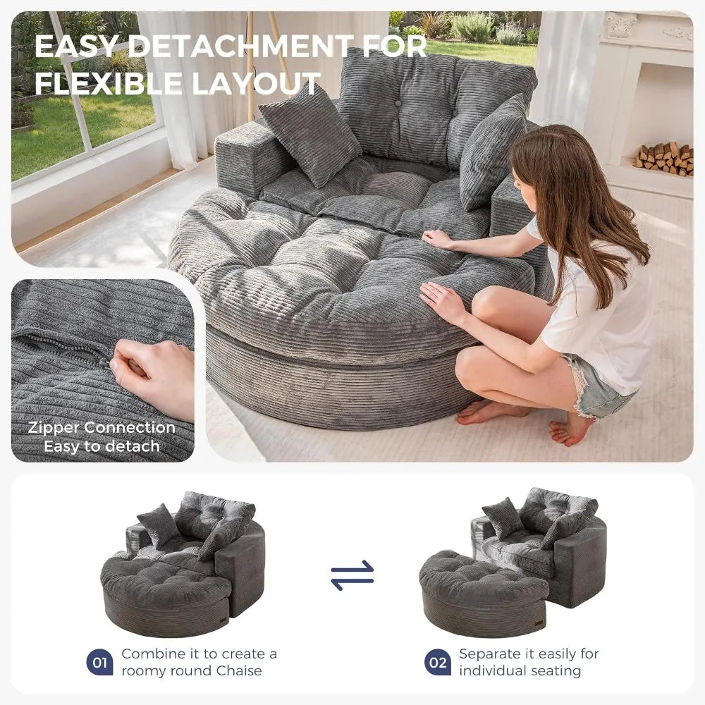 Oversized Round Chaise Lounge Sofa with Ottoman, Boneless Floor Couch for Adults