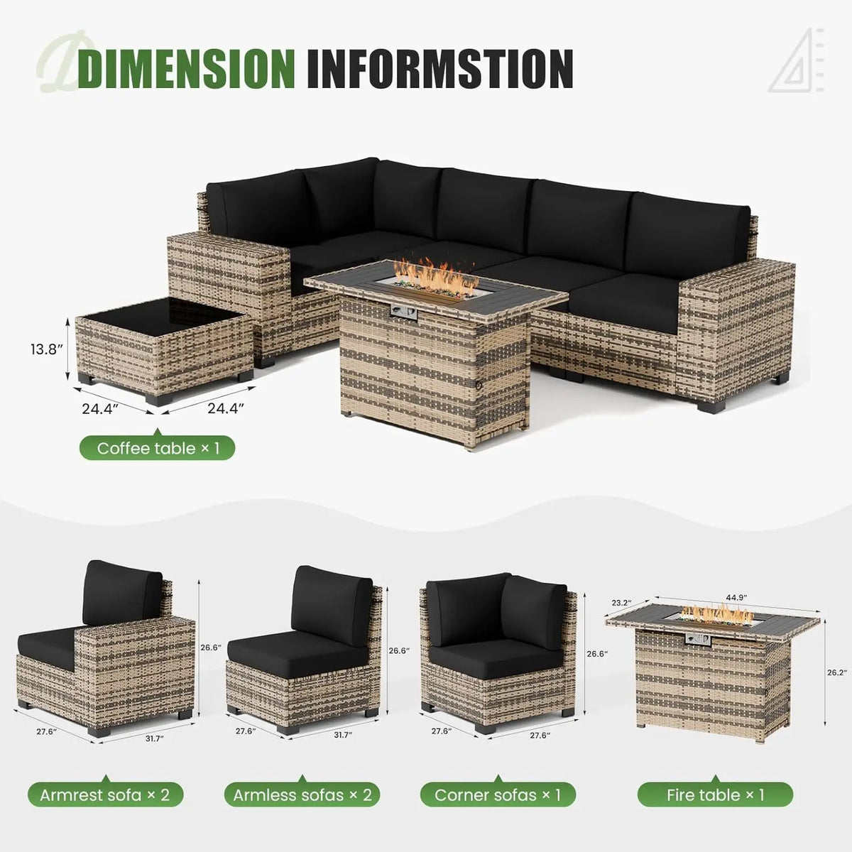 Patio Furniture Set with Fire Pit Table, L-Shaped 8" Armrest Sectional Set, All-Weather PE Rattan Conversation, Customized