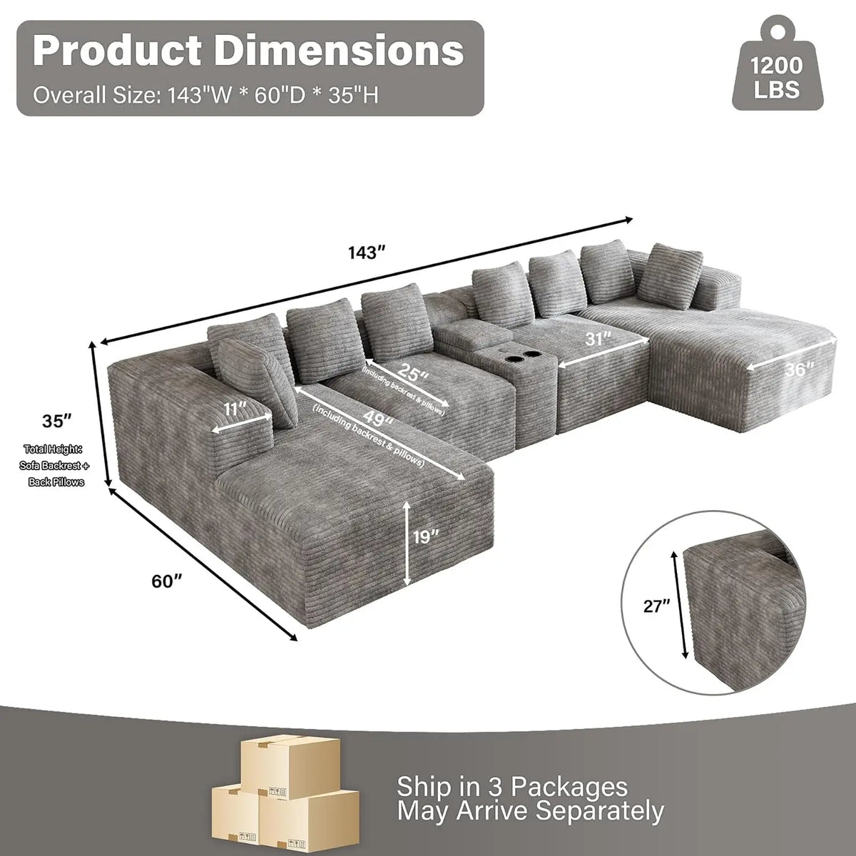 143" Oversized Cloud Sectional Couch for Living Room, Grey, Customized