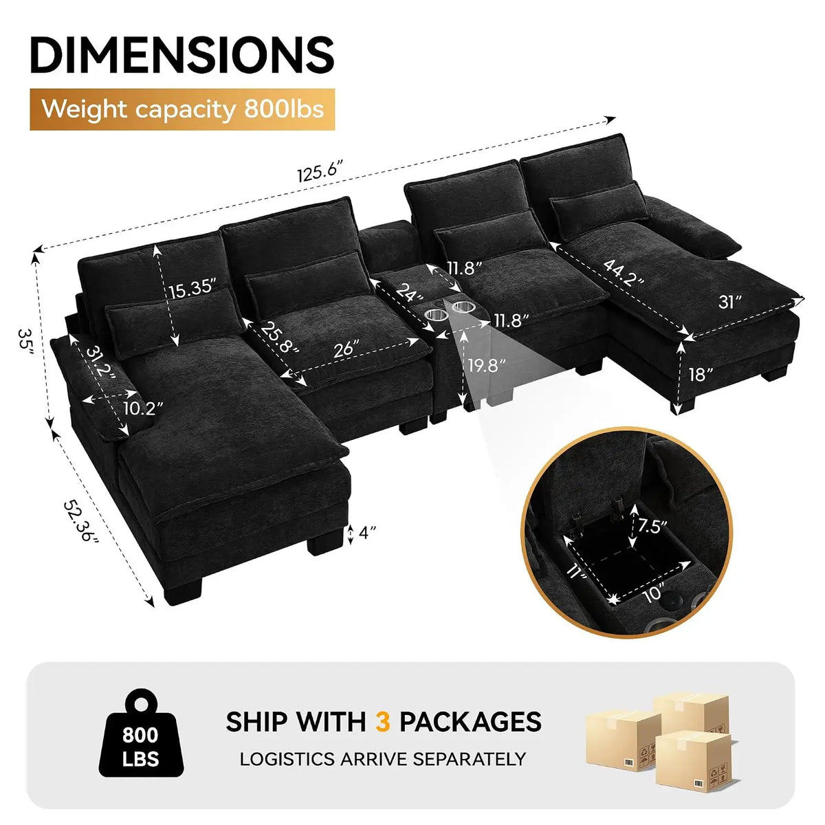 125" U Shaped Small Sectional Sofa with Chaise, USB & Cup Holders | Chenille Upholstered Modular Cloud Sofa with, Customized
