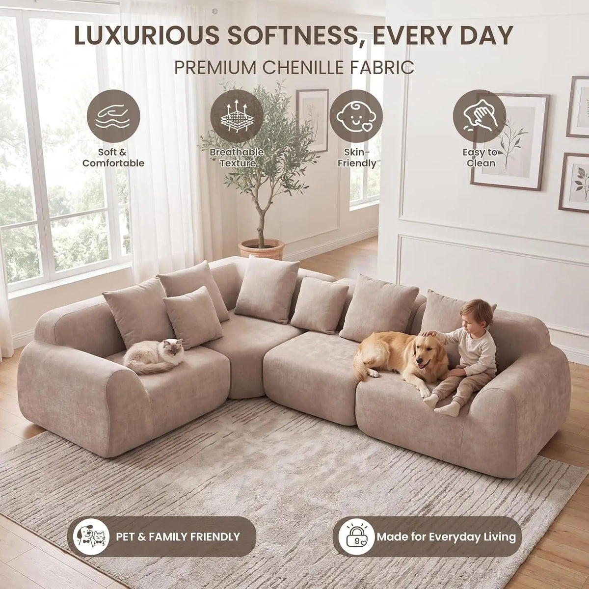 118-Inch Oversized Cloud Sectional Sofa, Velvet Boneless L-Shaped Couch with Curved Chaise, Compression Memory Foam, Customized
