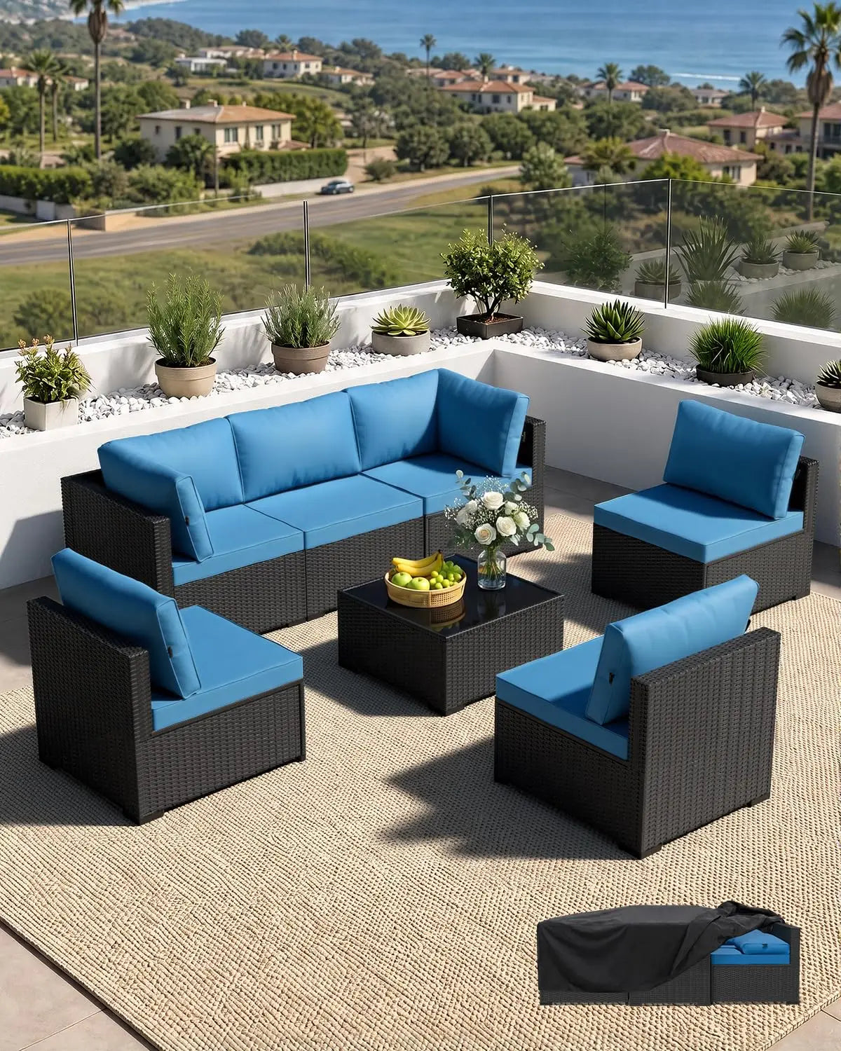 Patio Furniture Set - All-Weather - 7 Piece Patio Outdoor Conversation Set, Modular Wicker Rattan Sectional Sofa for, Custom