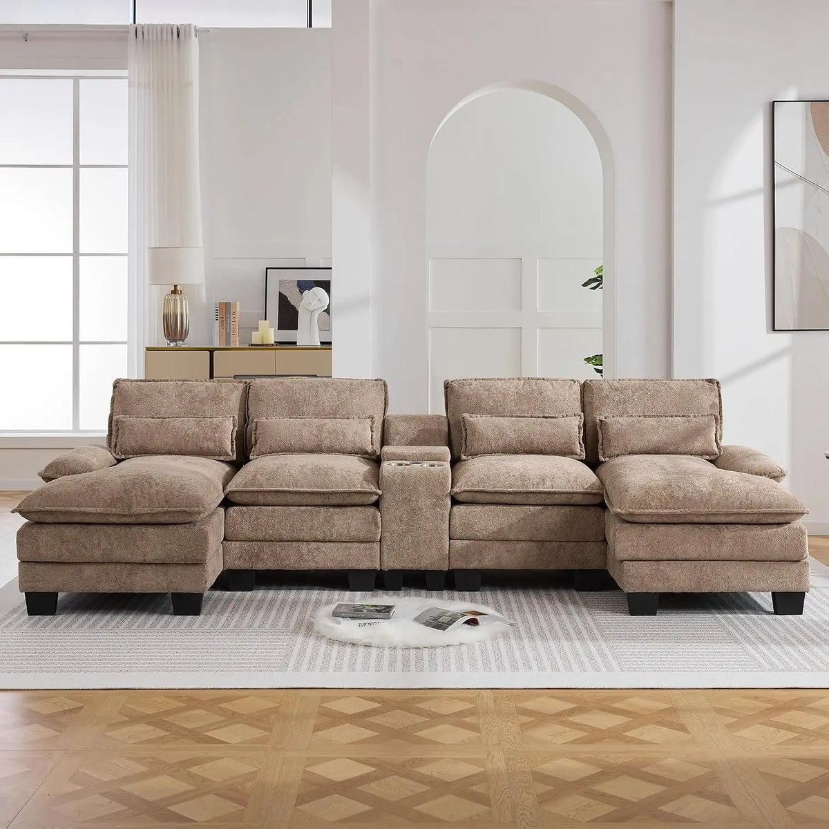 125" U Shaped Small Sectional Sofa with Chaise, USB & Cup Holders | Chenille Upholstered Modular Cloud Sofa with, Customized
