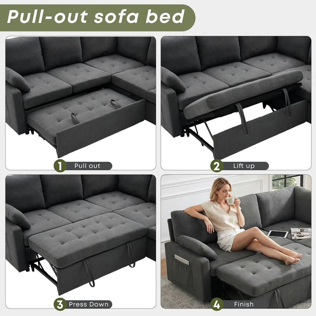 105" U-Shape Sleeper Sofa with Storage, Large 7-Seat Modular Sectional with Removable Covers, Pull-Out Couch Bed, Customized