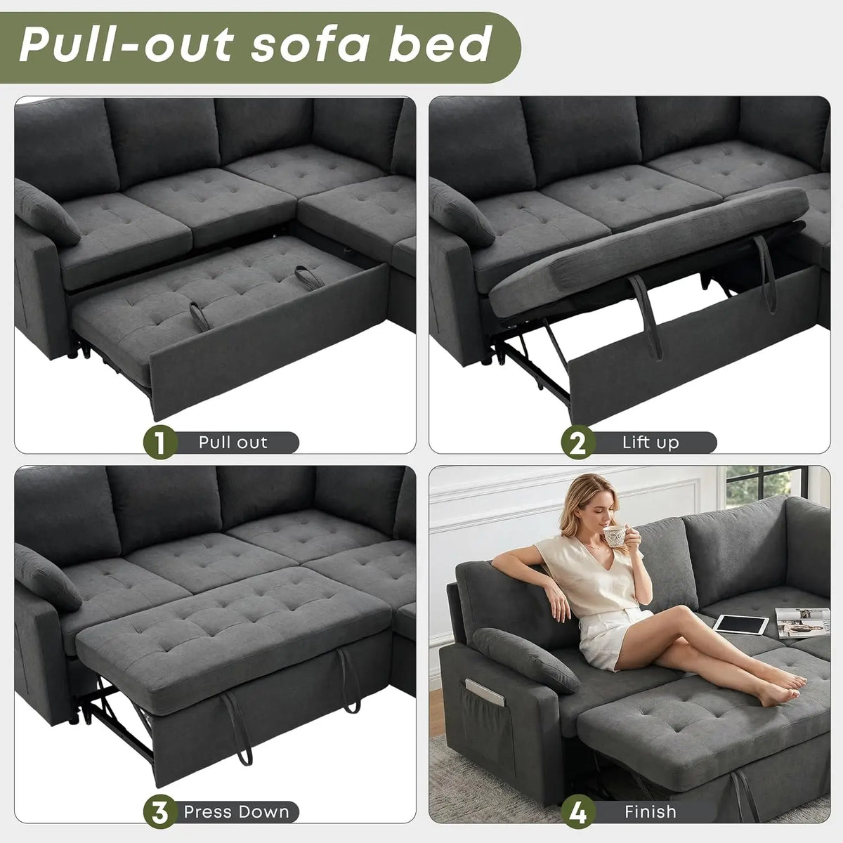 105" U-Shape Sleeper Sofa with Storage, Large 7-Seat Modular Sectional with Removable Covers, Pull-Out Couch Bed, Customized