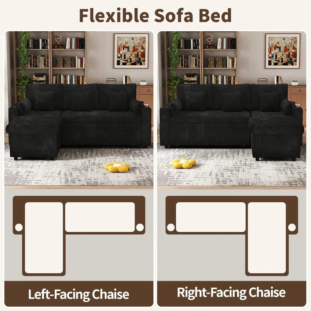 3 in 1 Pull Out Couch, Corduroy L Shaped Couch Sleeper Sofa Bed, Black, Customized