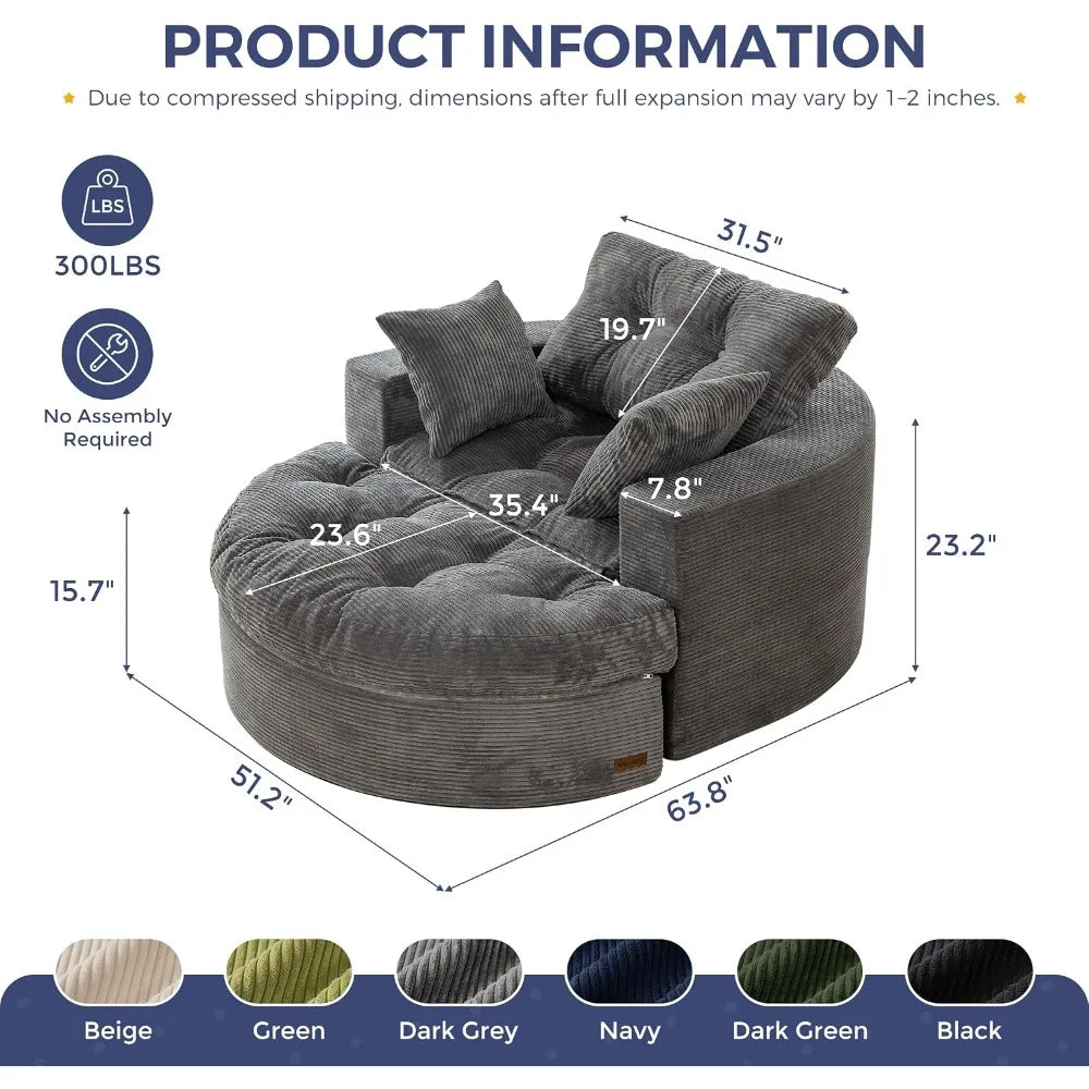 Oversized Round Chaise Lounge Sofa with Ottoman, Boneless Floor Couch for Adults