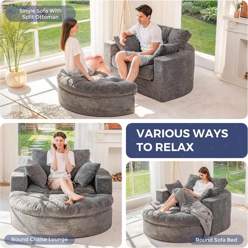 Oversized Round Chaise Lounge Sofa with Ottoman, Boneless Floor Couch for Adults
