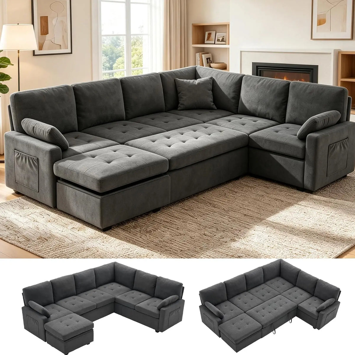 105" U-Shape Sleeper Sofa with Storage, Large 7-Seat Modular Sectional with Removable Covers, Pull-Out Couch Bed, Customized