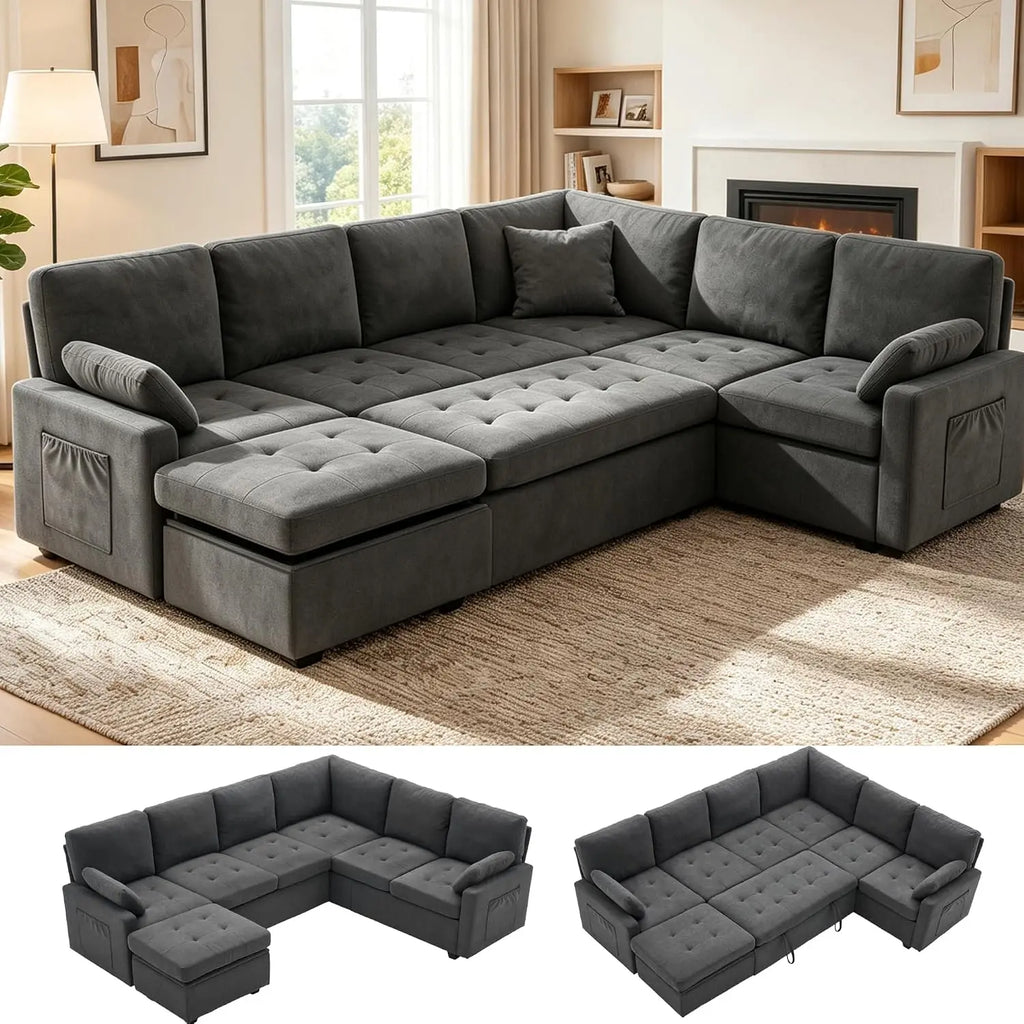 105" U-Shape Sleeper Sofa with Storage, Large 7-Seat Modular Sectional with Removable Covers, Pull-Out Couch Bed, Customized