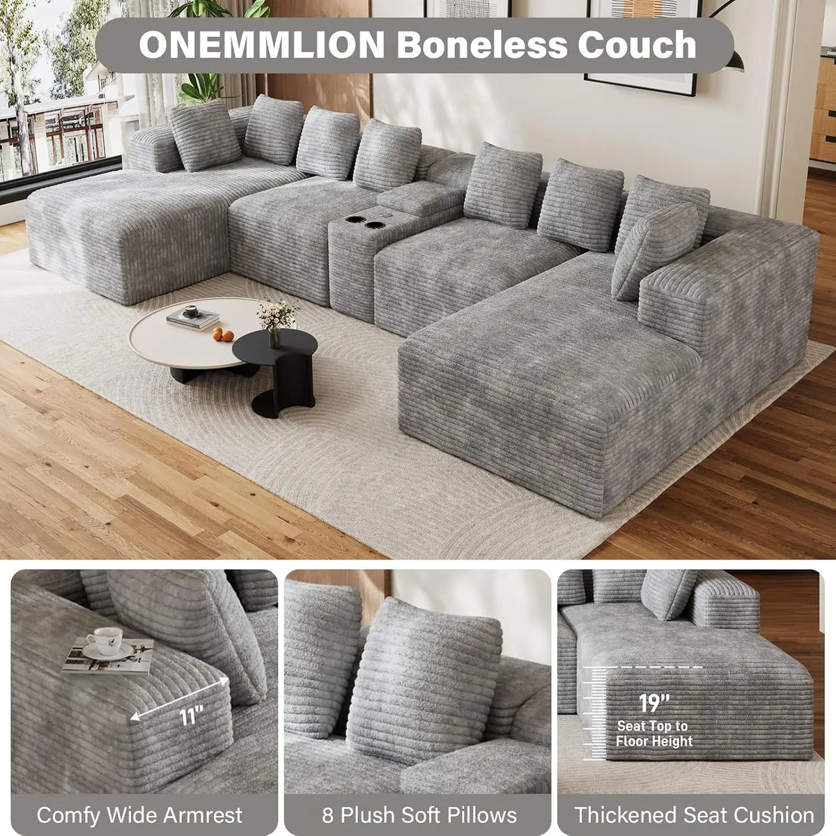 143" Oversized Cloud Sectional Couch for Living Room, Grey, Customized