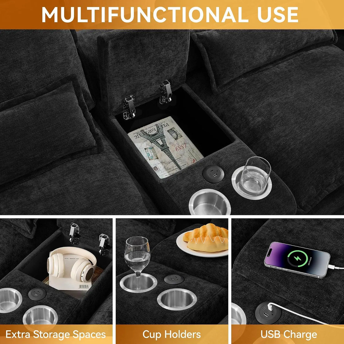 125" U Shaped Small Sectional Sofa with Chaise, USB & Cup Holders | Chenille Upholstered Modular Cloud Sofa with, Customized