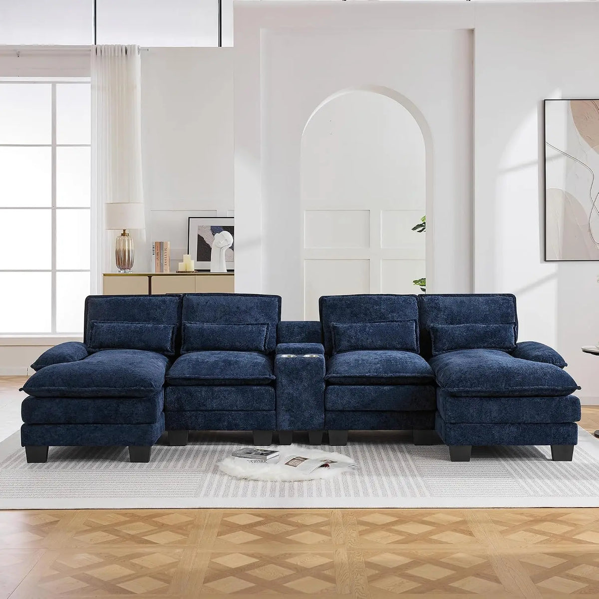 125" U Shaped Small Sectional Sofa with Chaise, USB & Cup Holders | Chenille Upholstered Modular Cloud Sofa with, Customized