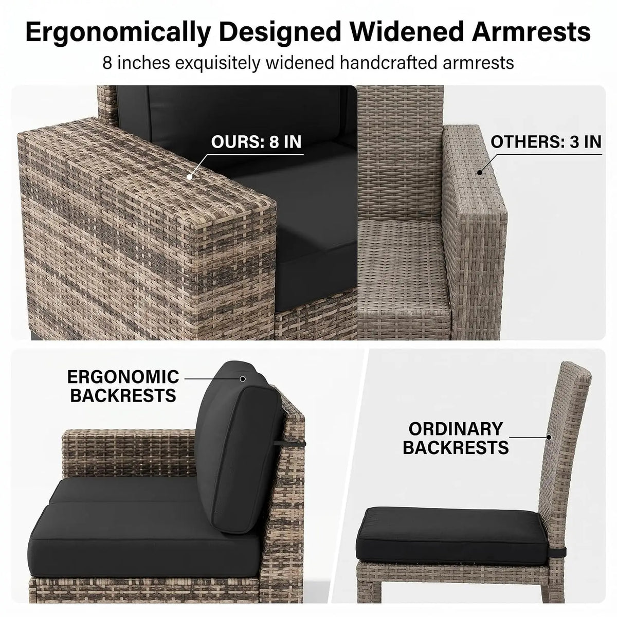 Patio Furniture Set with Fire Pit Table, L-Shaped 8" Armrest Sectional Set, All-Weather PE Rattan Conversation, Customized