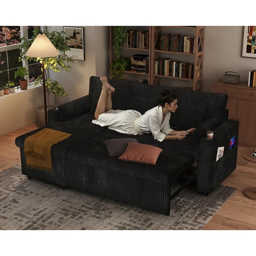 3 in 1 Pull Out Couch, Corduroy L Shaped Couch Sleeper Sofa Bed, Black, Customized