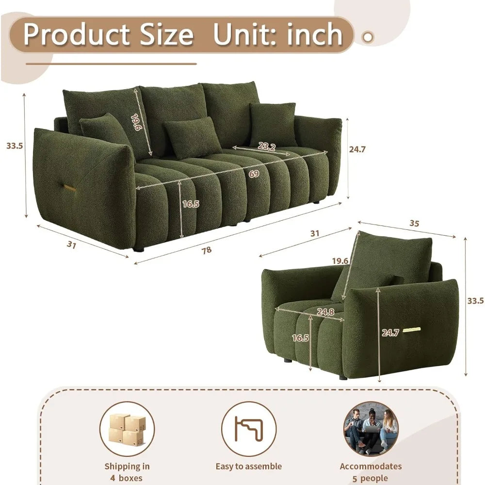 Modern Green Cloud Boucle Couch Set, 3-Piece Teddy Sofa with 2 Deep Seat Chairs and Oversized 3-Seater for Living Room,