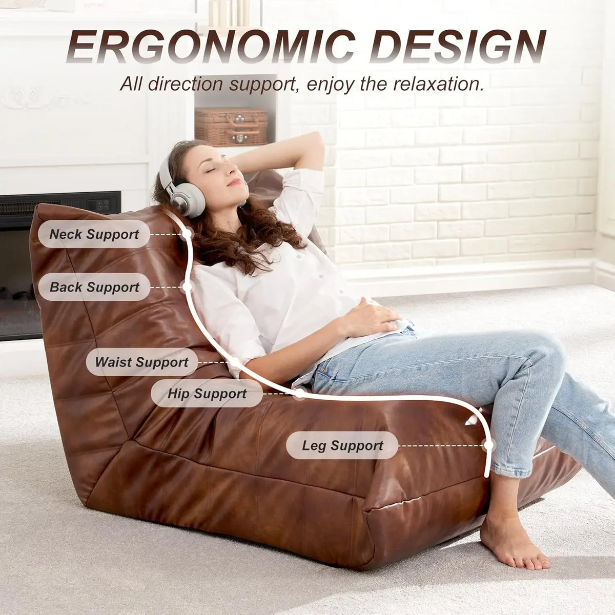 Giant Bean Bag Chair Lazy Floor Sofa Memory Foam Fireside Sofa for Adults Big Beanbag Faux Leather Armless Chair for Living