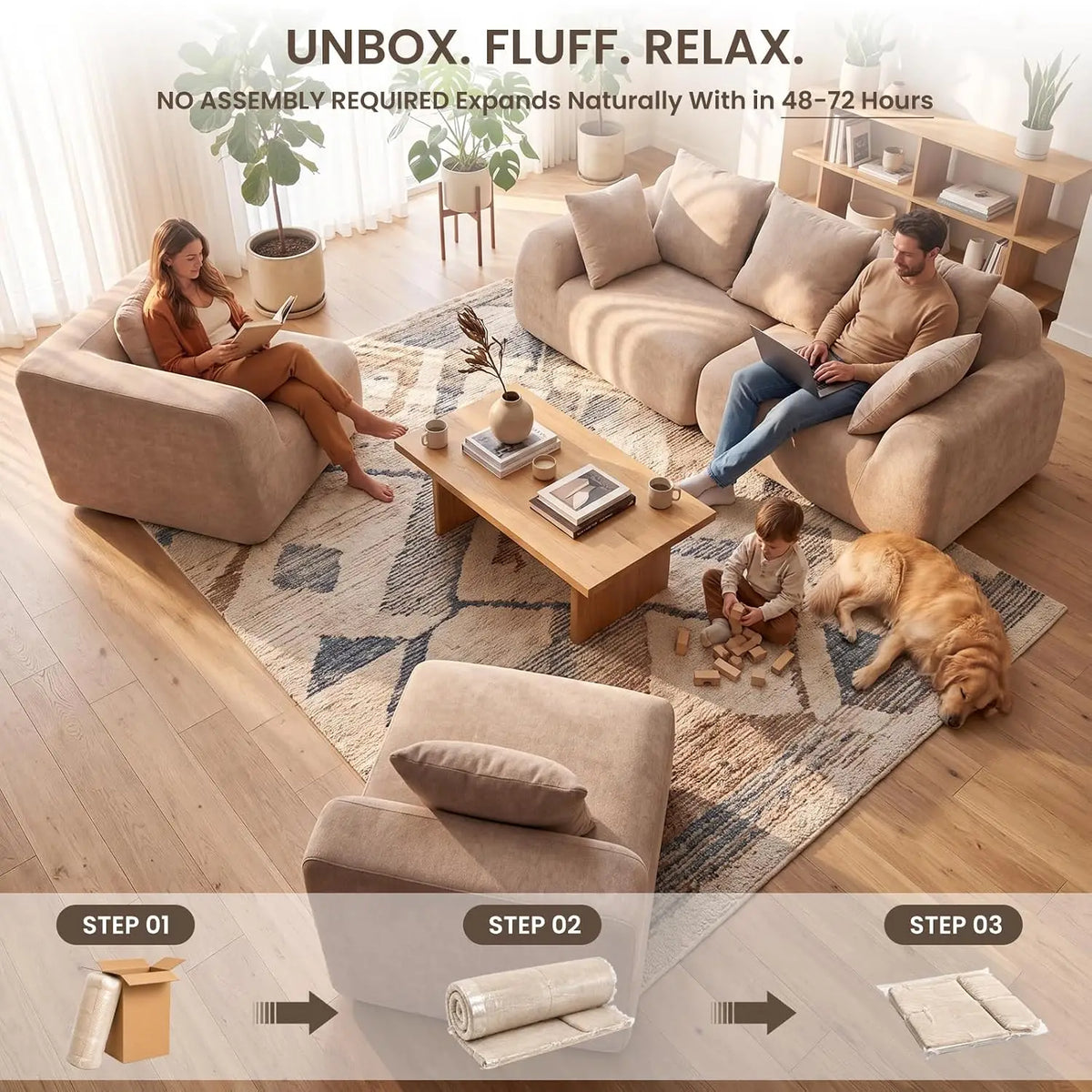 118-Inch Oversized Cloud Sectional Sofa, Velvet Boneless L-Shaped Couch with Curved Chaise, Compression Memory Foam, Customized