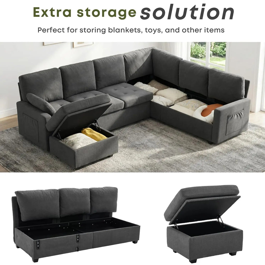 105" U-Shape Sleeper Sofa with Storage, Large 7-Seat Modular Sectional with Removable Covers, Pull-Out Couch Bed, Customized