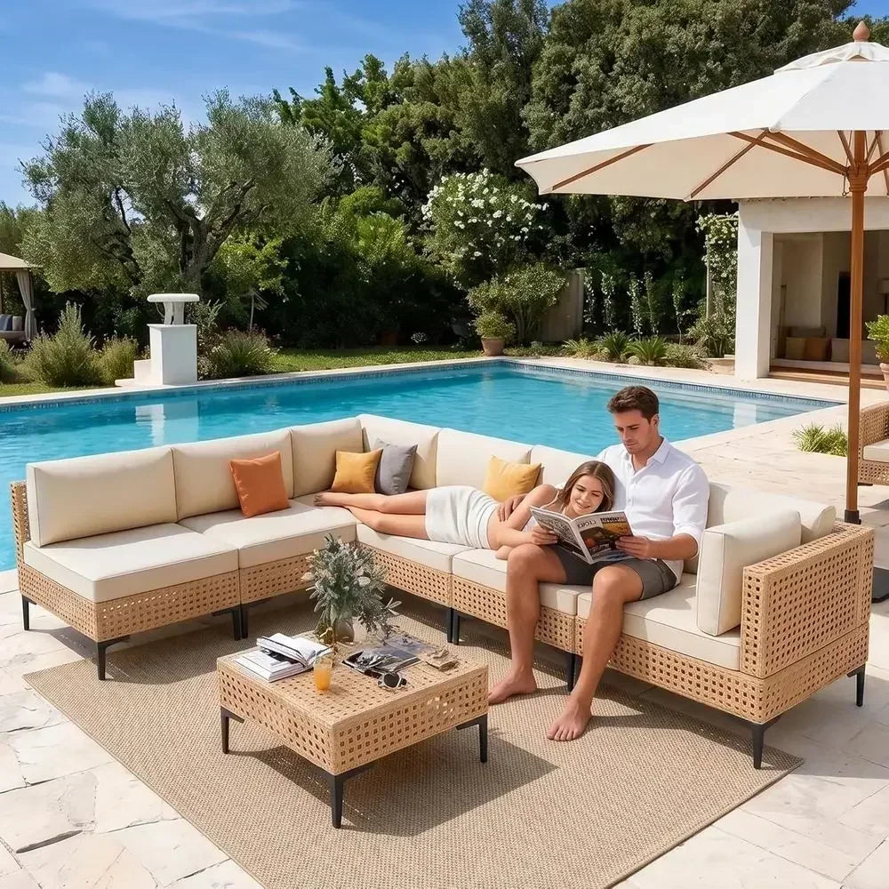 Large 7-Piece Outdoor Wicker Patio Furniture Set with Cushions, Sectional Sofa for Backyard, Porch, Beige