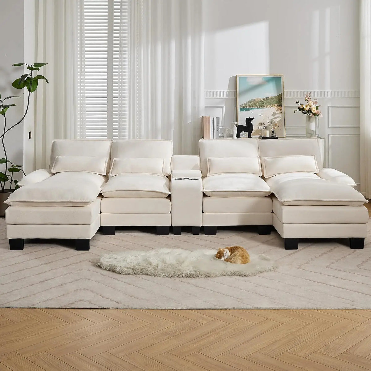 125" U Shaped Small Sectional Sofa with Chaise, USB & Cup Holders | Chenille Upholstered Modular Cloud Sofa with, Customized