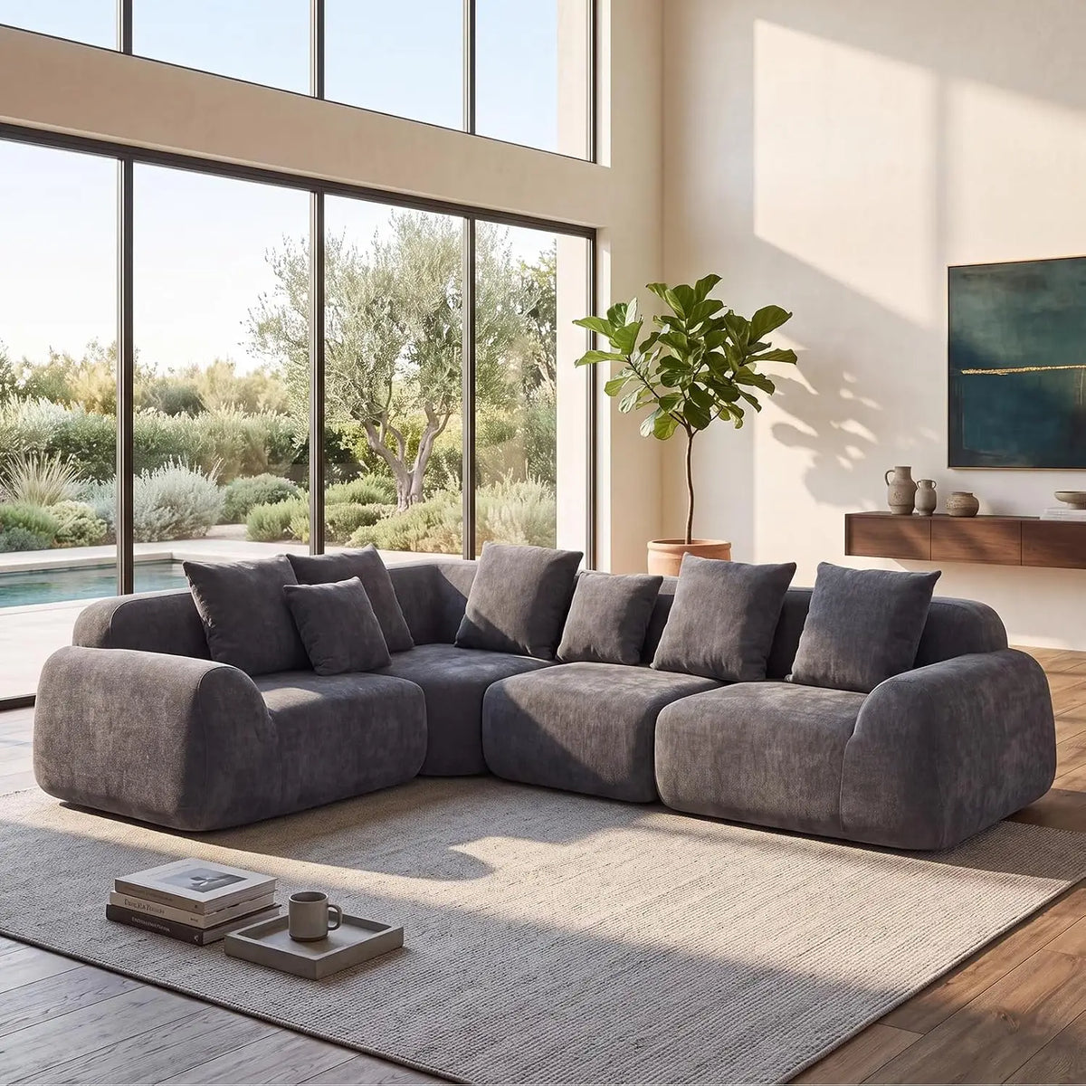 118-Inch Oversized Cloud Sectional Sofa, Velvet Boneless L-Shaped Couch with Curved Chaise, Compression Memory Foam, Customized