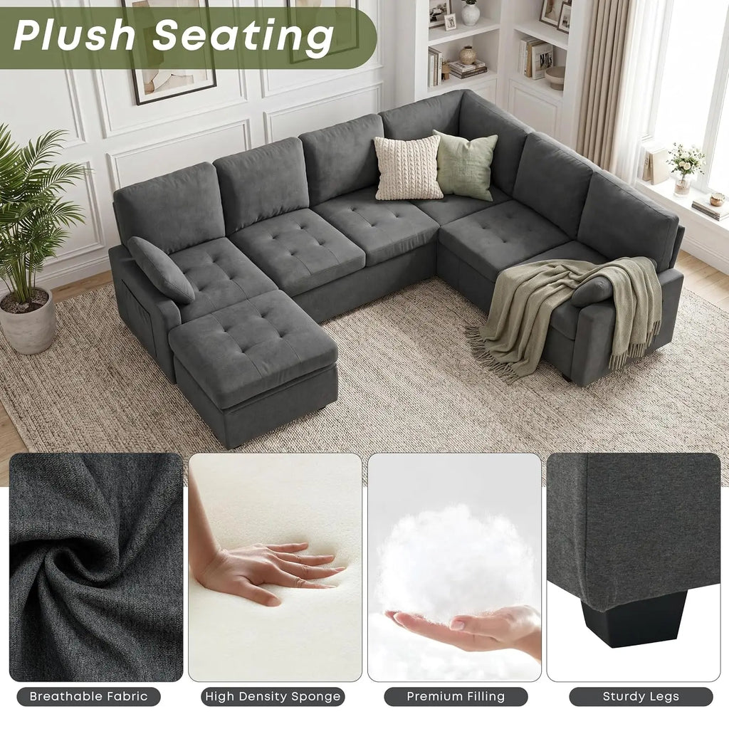 105" U-Shape Sleeper Sofa with Storage, Large 7-Seat Modular Sectional with Removable Covers, Pull-Out Couch Bed, Customized
